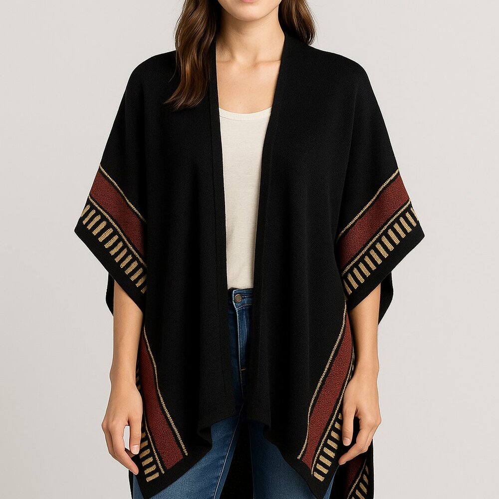 NOVICA Alpaca Blend Poncho Handmade Peru Black Terracotta Geometric One Size